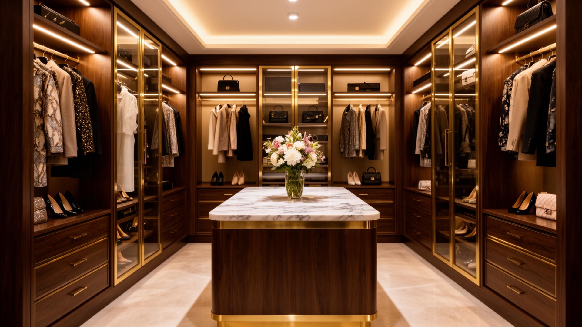 Custom luxury walk-in closet with marble island and brass accents