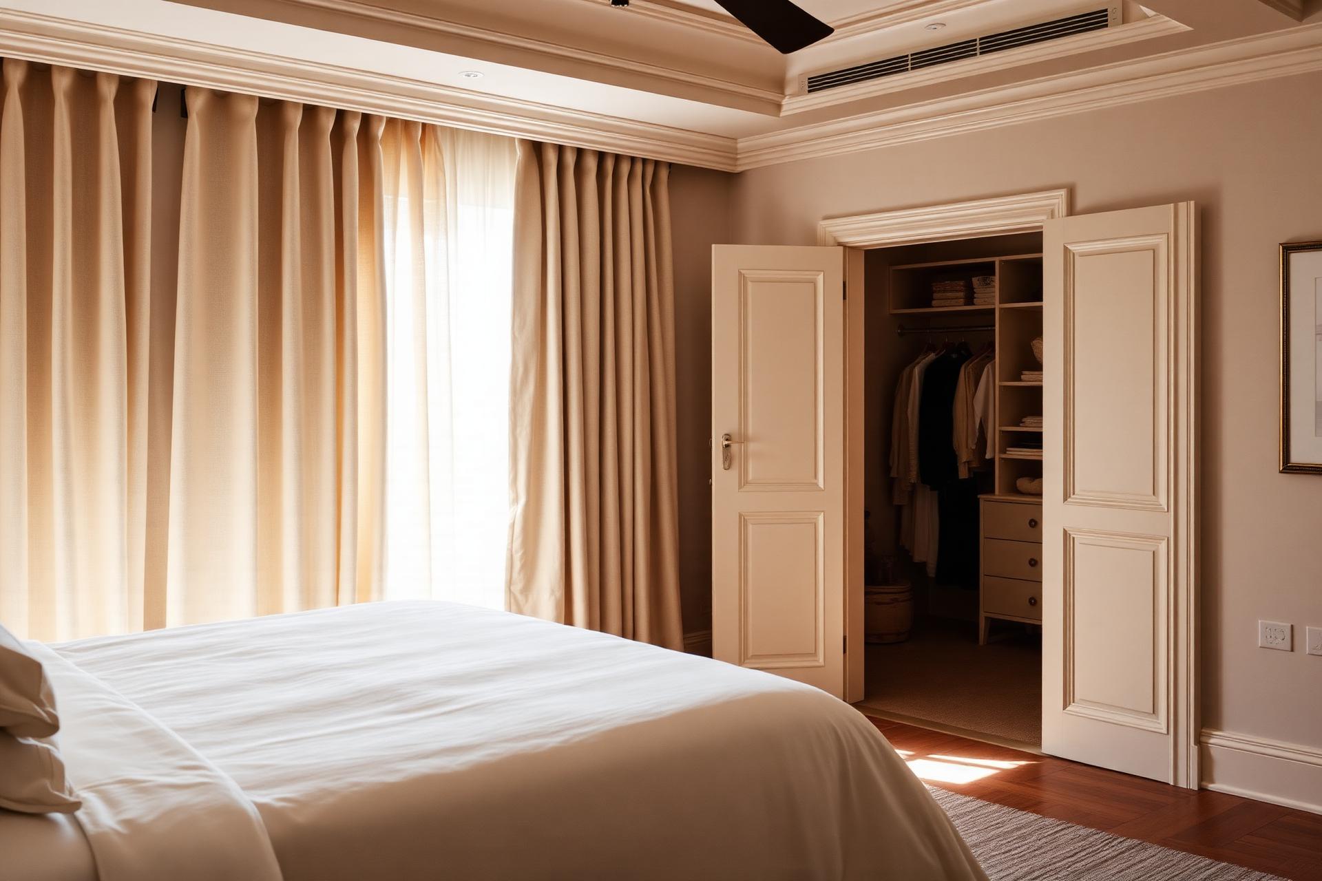 Soft morning light in a calm bedroom with an open closet